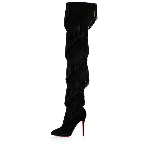 Christian Louboutin Bolcheva 120 Black Fringe Thigh High OTK Knee Heel Boot 36.5 - Picture 8 of 12